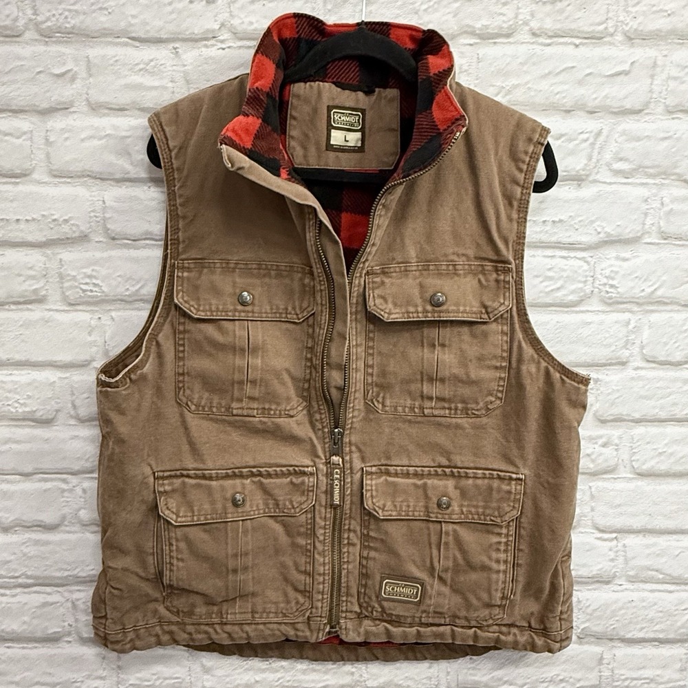 C.E. Schmidt Workwear vest Utility Duck Canvas Red Plaid Fleece lined Size Large